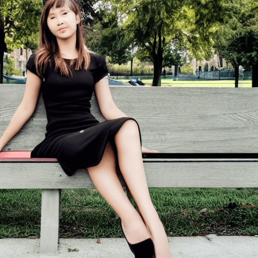 AI generated: Photo of a cute girl wearing a seductive black dress sitting on a bench at the park, facing forward ...