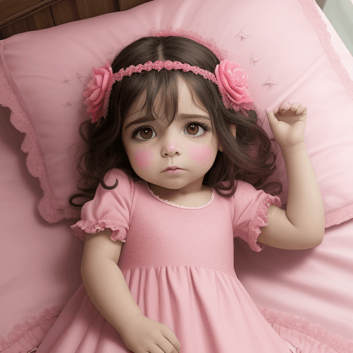AI generated: Una bebé, con ojos razgados, con vestido rosado y una vincha rosada, en una cama con plumas y estrel...