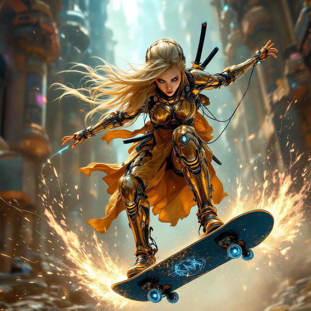 AI generated: in the style of ck-sfc, female cyberpunk sexy robot  skateboarding and jump, beatiful blonde girl fa...