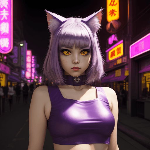 AI generated: an hybrid catgirl in a purple top in a neon city, in the style of chinapunk, iconic album covers, so...