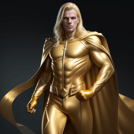 AI generated: male super hero named champion blond hair, no symbol, skin tight gold suit, gold cape, gold gloves, ...