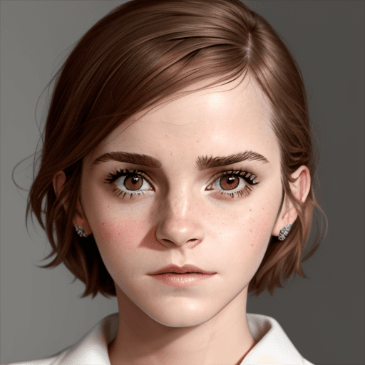 AI generated: Emma Watson, Extreme close-up face, symmetrical face,embarassed.