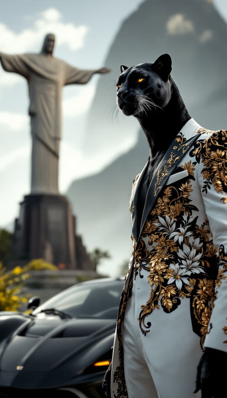 AI generated: A sleek black panther in a white and gold embroidered tuxedo, standing next to a stylish man in a tr...