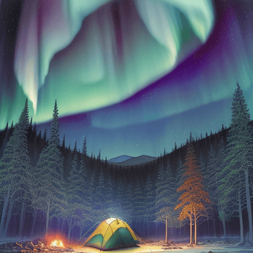 AI generated: Hyper realistic ground level watercolor of night sky phenomena, northern lights, comet, supernova, c...
