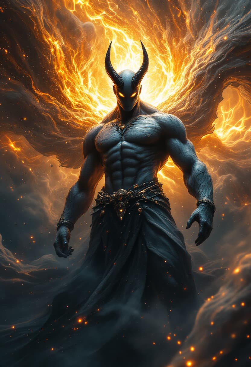 AI generated: God of Expansion and Compression full-body, Etherial, muscular, Glowing black eyes, epic, cinematic,...