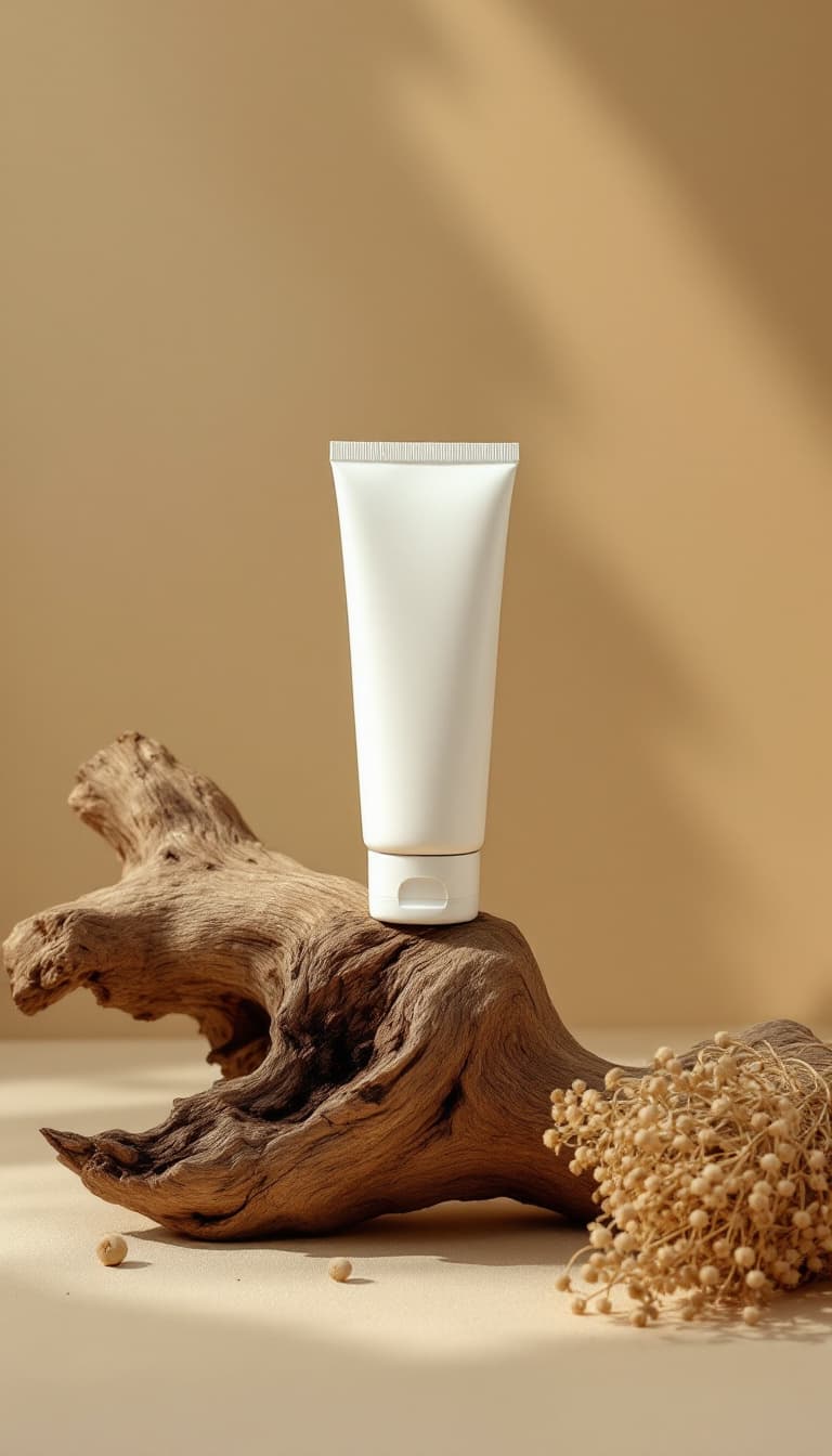 AI generated: Side View of product photography, in muji style, a white skinny cream tube on top of an old wooden b...