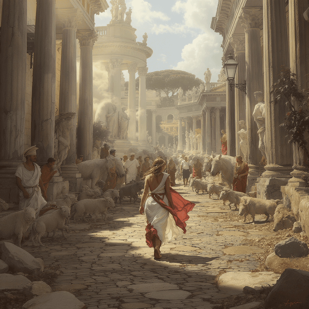 AI generated: An illustration of a woman walking through the streets with people in ancient Rome, Animals are carr...
