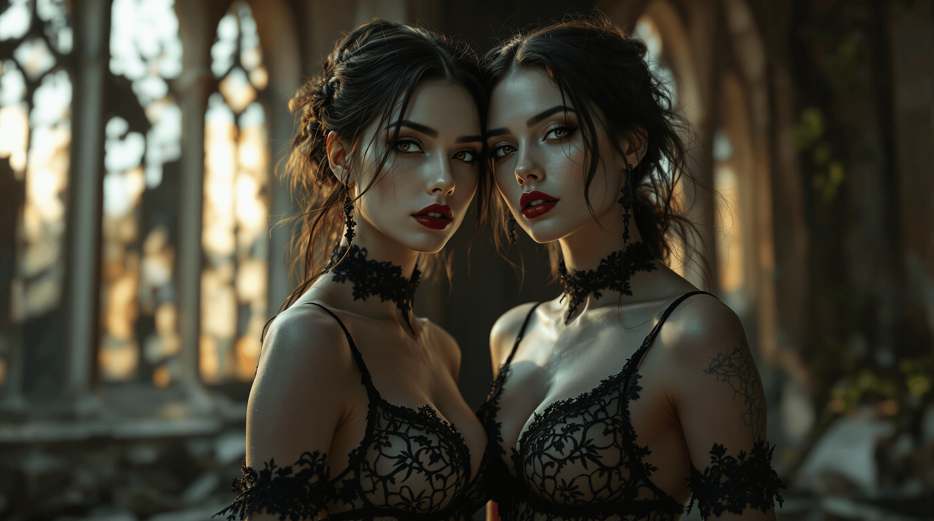 AI generated: A breathtaking close-up of two Gothic women, standing together in the shattered remains of an ancien...