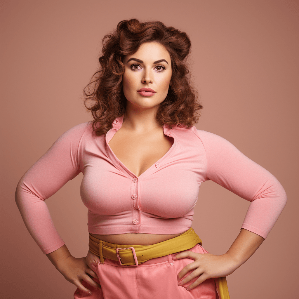 AI generated: Vogue style photo shoot of beautiful chubby 30 year old woman as character therock from detailed She...