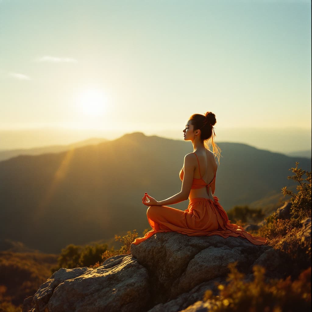 AI generated: At sunset, during golden hours, closeup photo of a Chinese queen doing yoga, sitting on top of a mou...