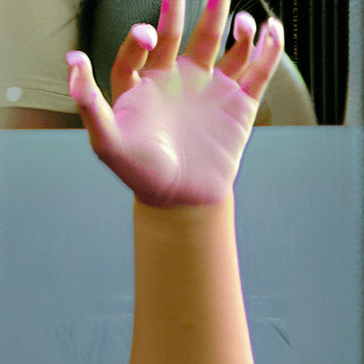 AI generated: cute feminine crossdresser kneeling sideway from the point of view. pink manicured hands, blonde hai...