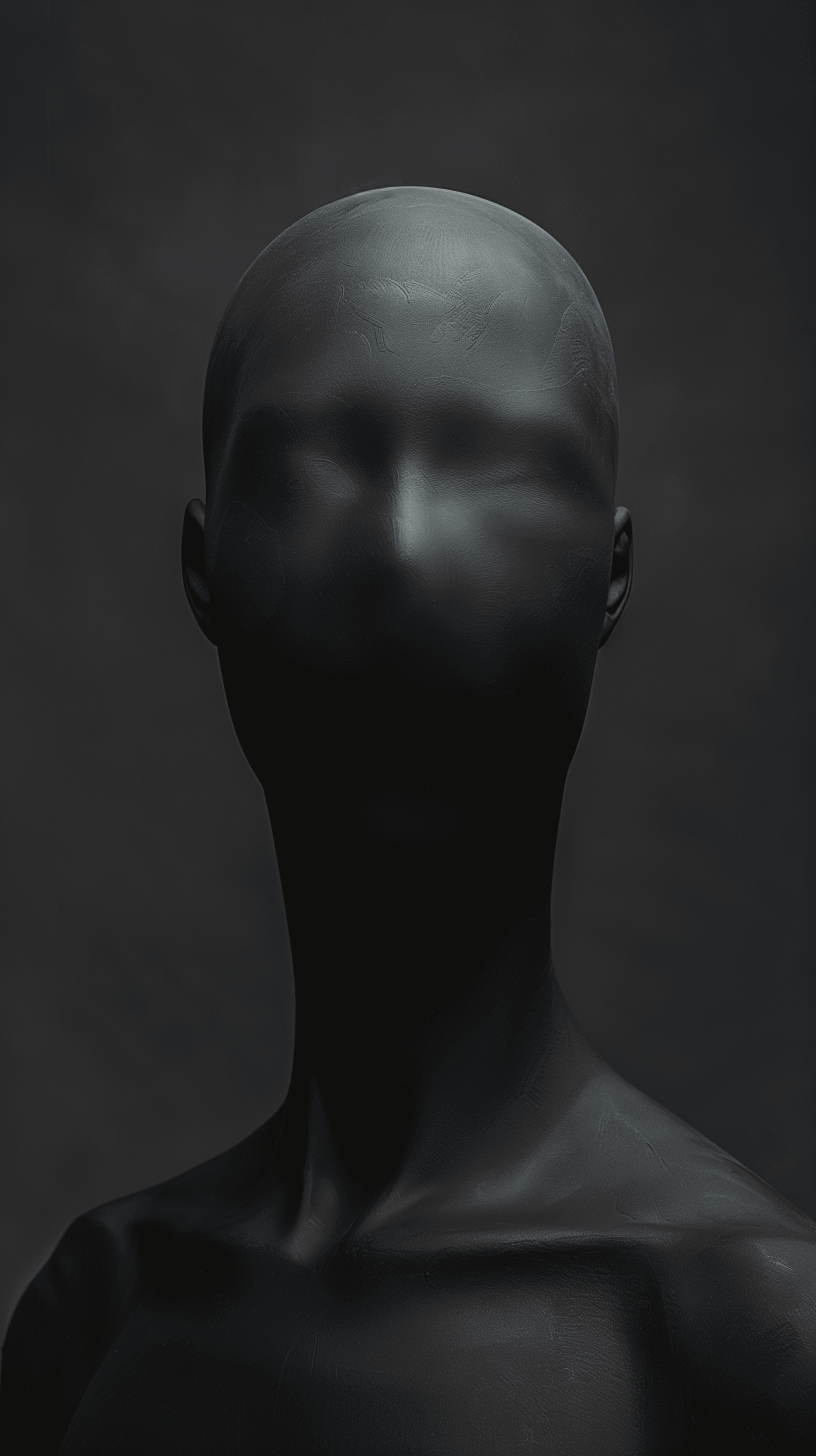 AI generated: minimalist, human head and neck, presented as a smooth, uniform sculpture in matte black, focusing o...