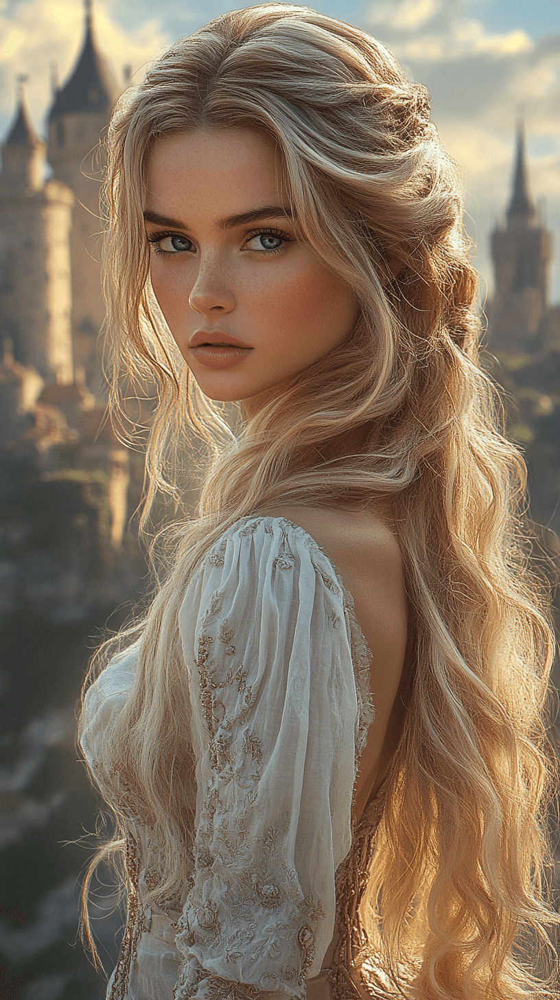 AI generated: A woman with porcelain skin and long, wavy blonde hair stands tall against the backdrop of a sunlit ...