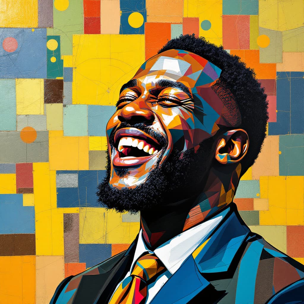 AI generated: an african businessman laughing illustration, art, man, face, gaze, mosaic, mondrian, consisting ran...