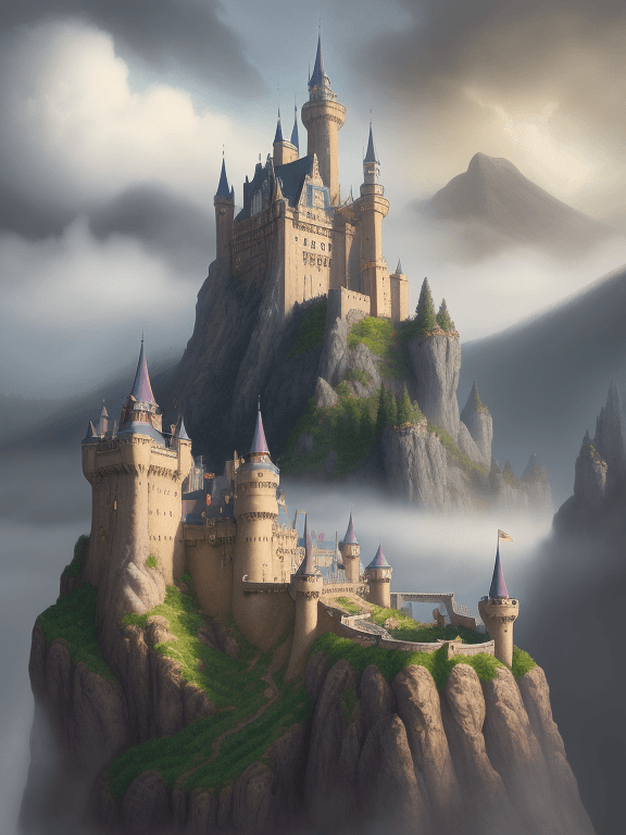 AI generated: fantasy artwork a painting of a princess castle in the middle of a foggy mountain, a detailed matte ...
