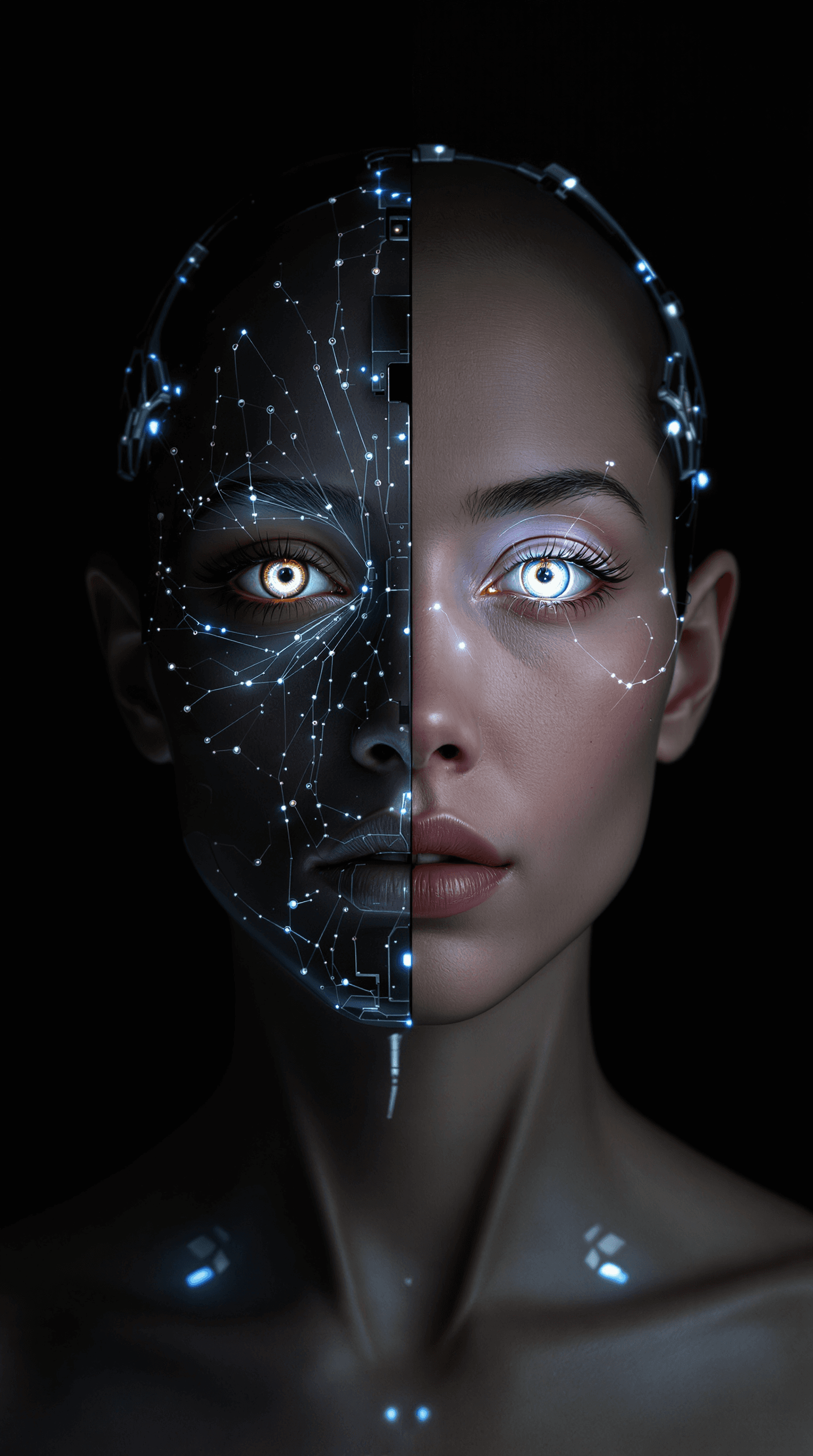 AI generated: Hyper-realistic mid-body portrait of a non-binary sentient artificial intelligence manifested in phy...