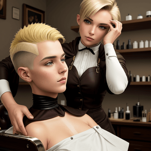 AI generated: an attractive blonde barber shaves off the hair of a woman with dark brown hair as she sits tightly ...