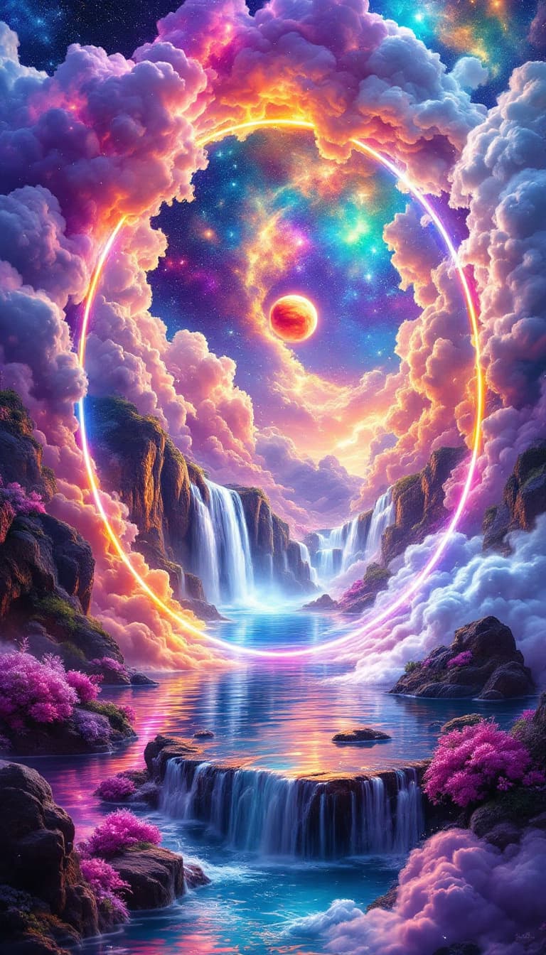 AI generated: A dazzling, otherworldly portal in the shape of a mirror reveals a galaxy of plush clouds and the di...