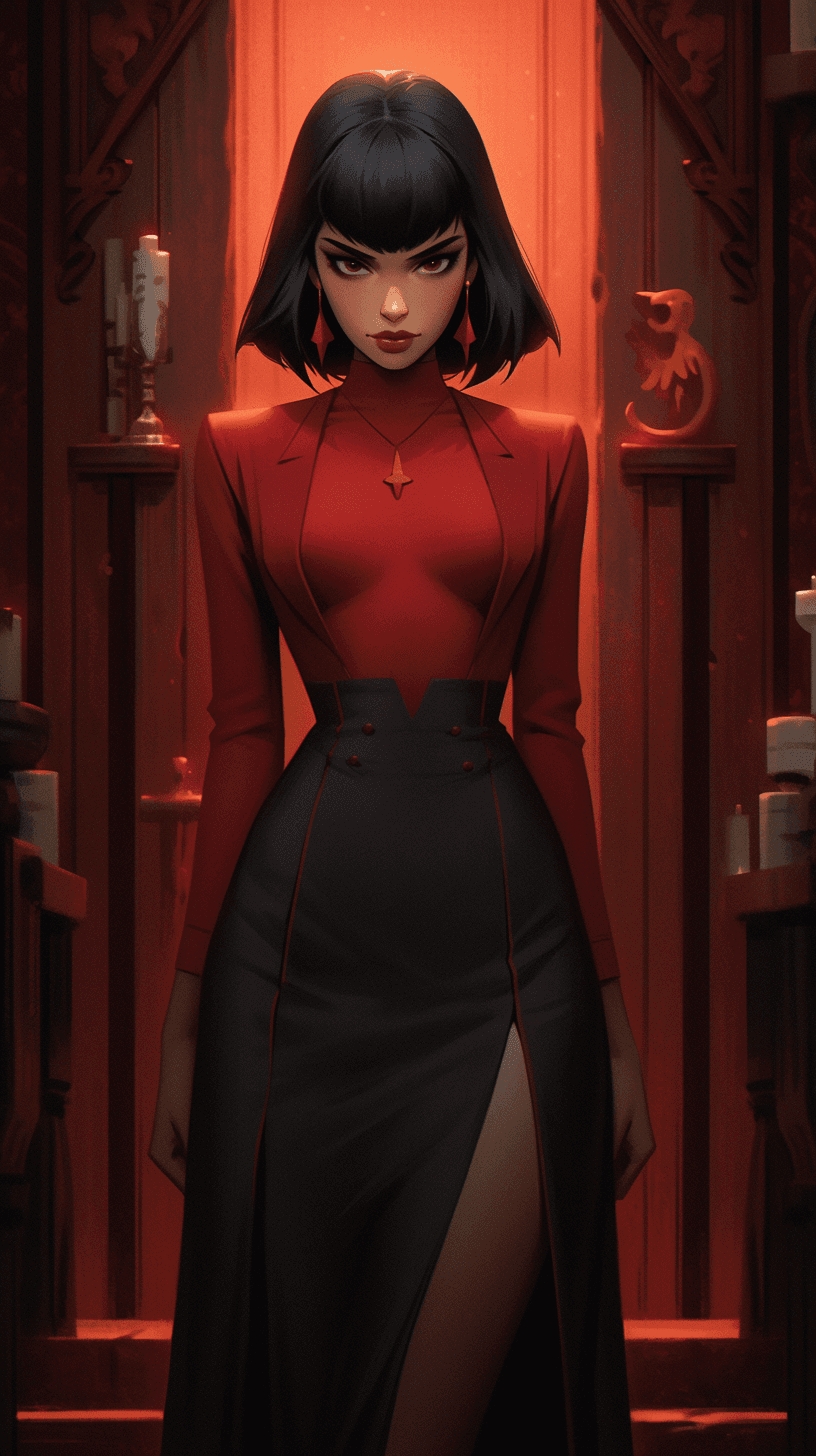 AI generated: 
Vampirella Ella Normandy from Warren Publishing, beautiful charismatic girl, athletic body, gorgeo...