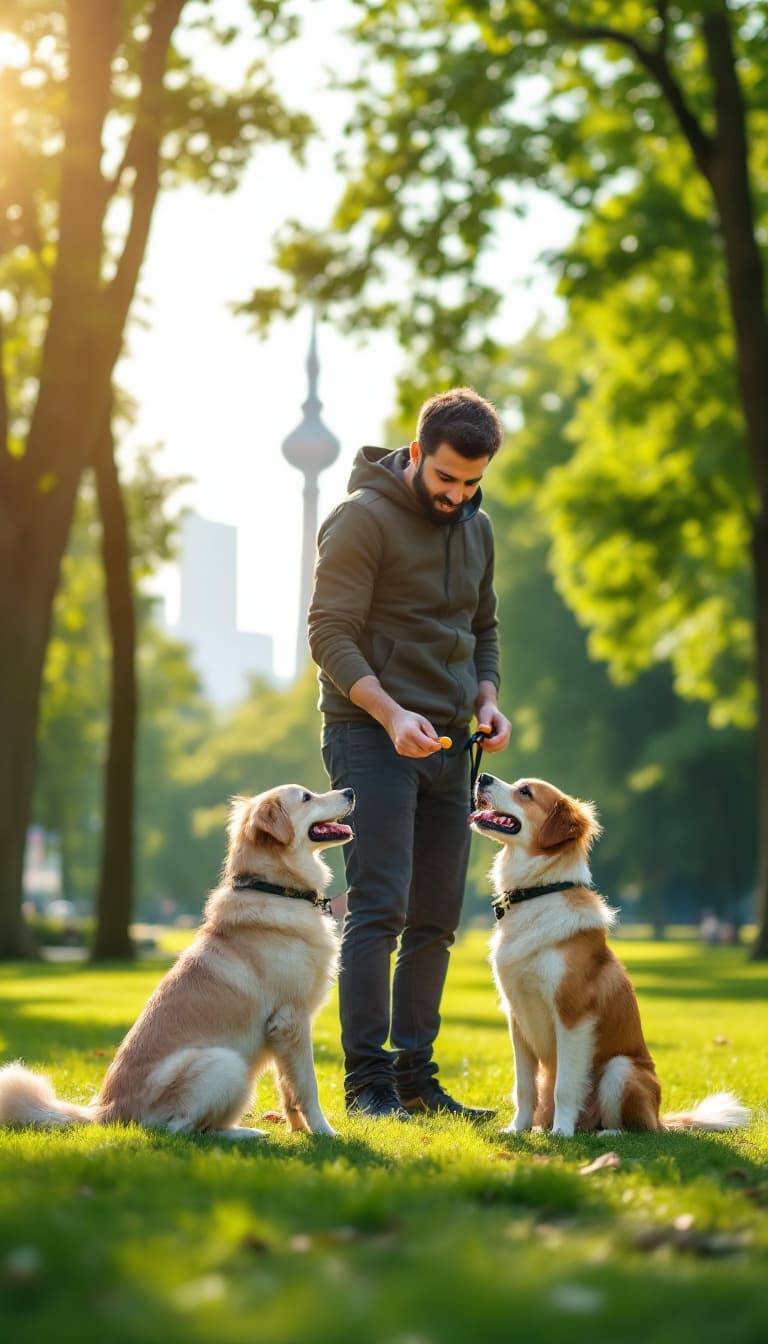 AI generated: A man is training his dog in a park in Tehran. He holds a small treat in his hand, using it to guide...
