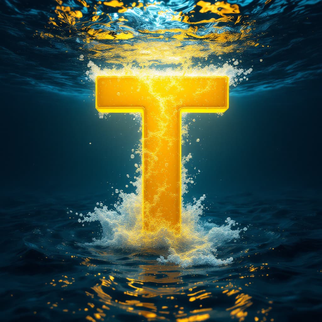 AI generated: 3D render of the letter [T], periwinkle and canary yellow color blend, under the water, swirling wat...
