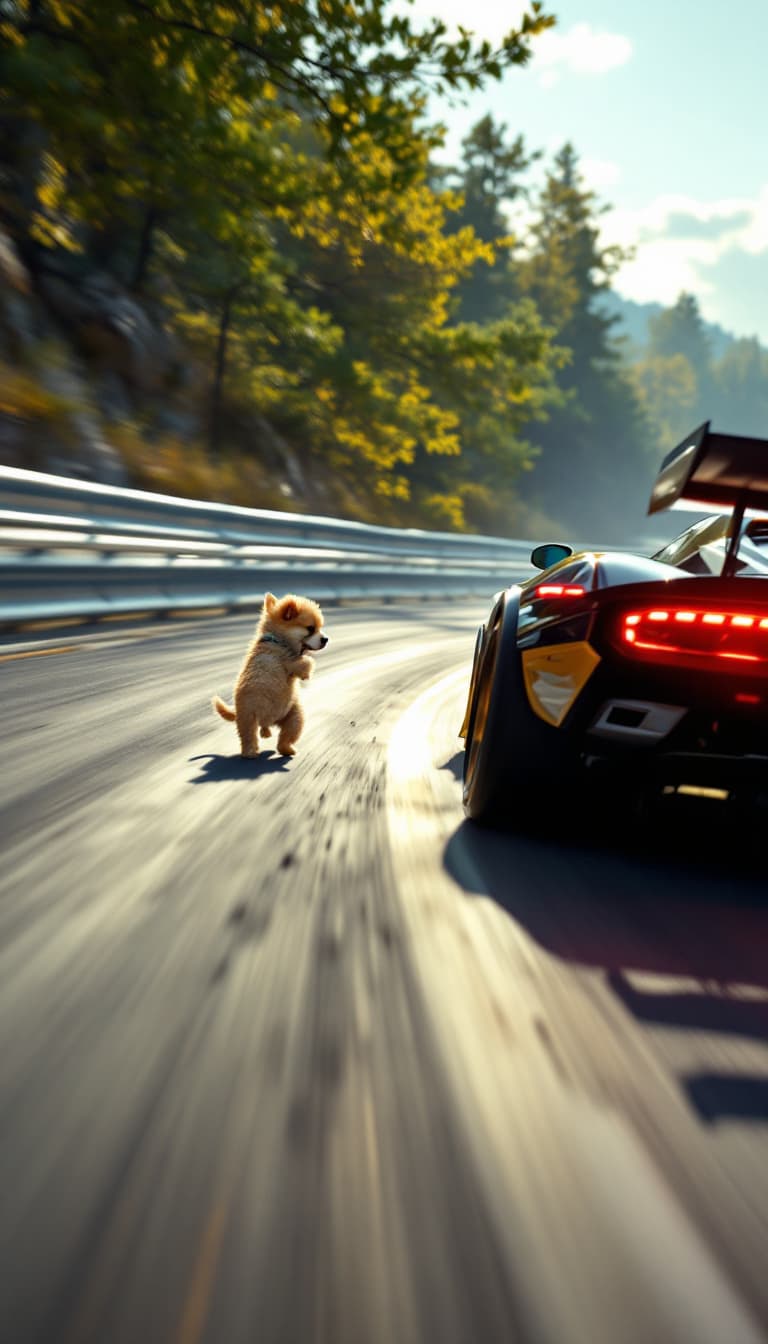 AI generated: Summer. The first racing car racing along the track makes a sharp turn. and passes next to a small p...
