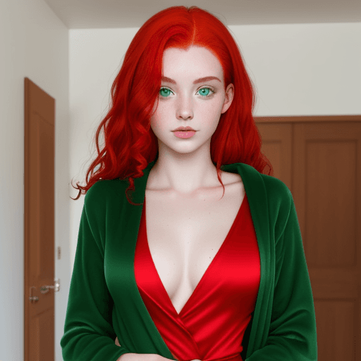 AI generated: 19 year old woman with red hair and green eyes wearing a dressing gown
