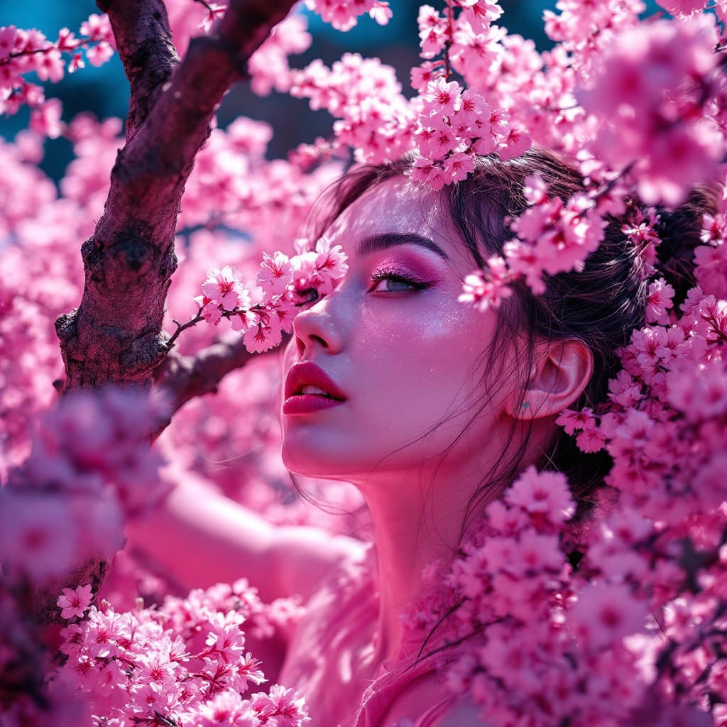 AI generated: extreme long shot, realistic, infrared photo of a woman, cherry blossoms, dystopian --ar 16:9