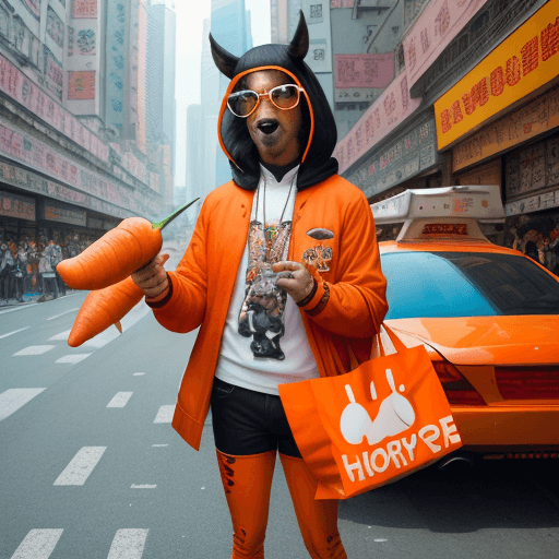 AI generated: a hilarious adult comedy image of a horse wearing hip hop fashion buying a carrot with a bubble quot...