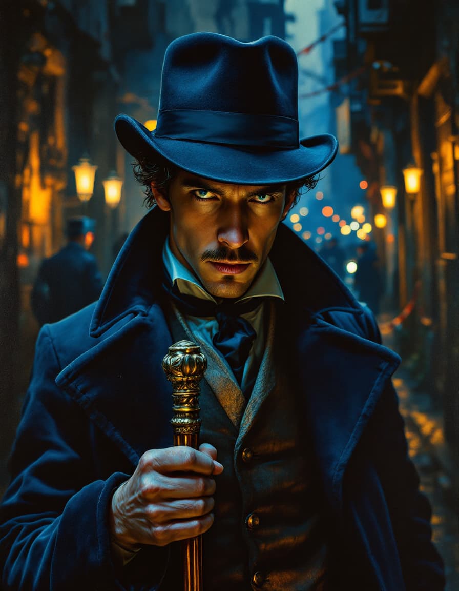 AI generated: A mesmerizing, oil-on-canvas portrait of a young, stylish Sherlock Holmes, rendered in the opulent, ...