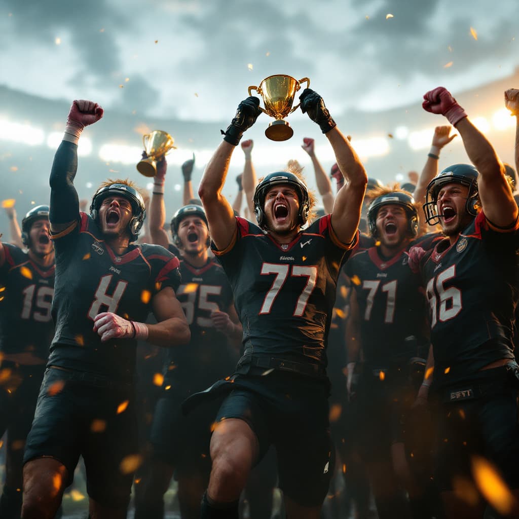 AI generated: Cyber punk football team cheering about wining holding trophies