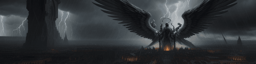 AI generated: an epic scene of angels and demons falling and fighting through thunderstorm skies, the battle for g...