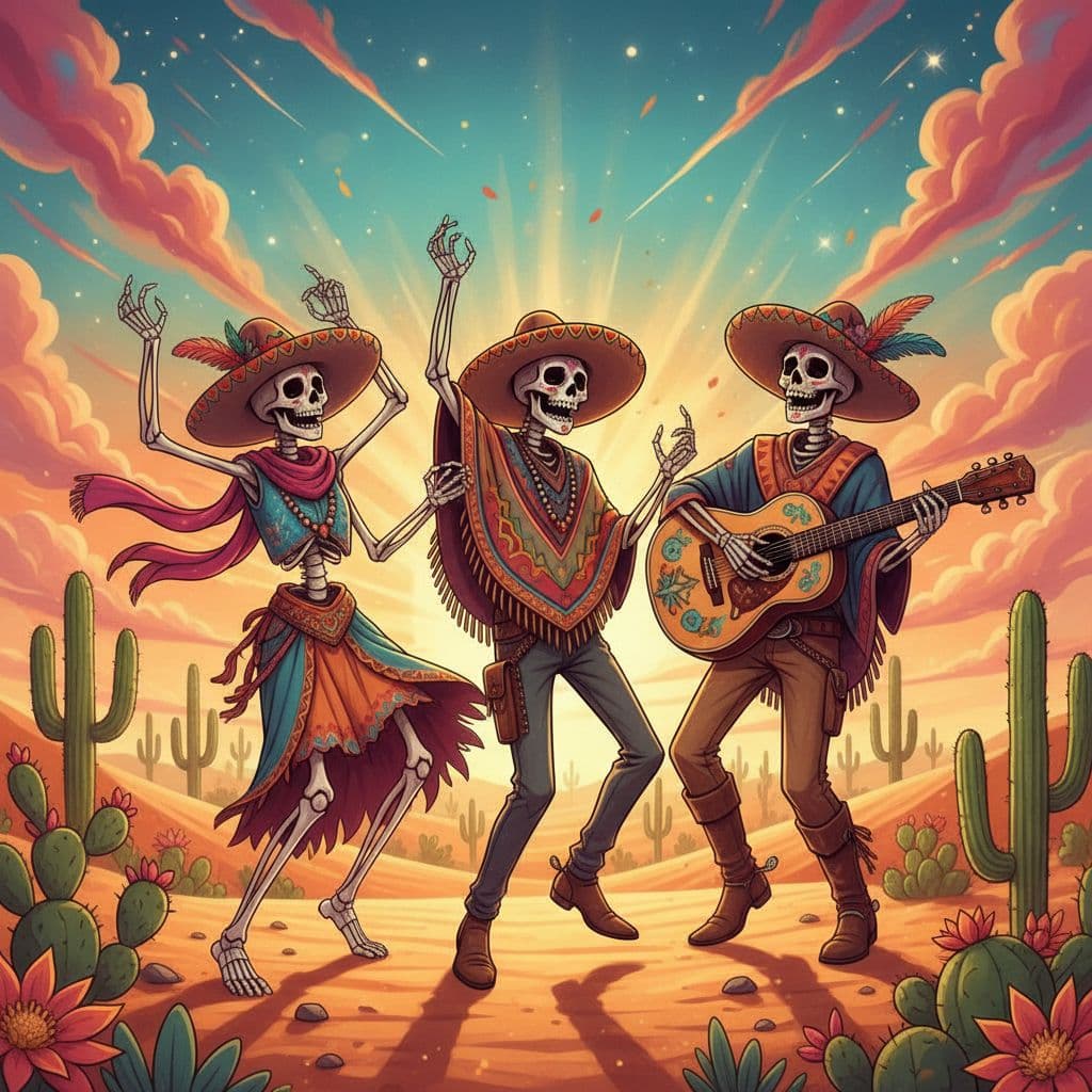 AI generated: Tres figuras en un desierto amplio con cactus: dos figuras con cuerpos de calavera, y una tercera fi...