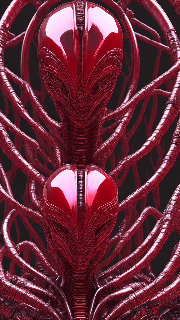 AI generated: ultra HD "complex-inducing (Alien:1.5) RFKTR-style headshot framed transparent ruby red in the style...