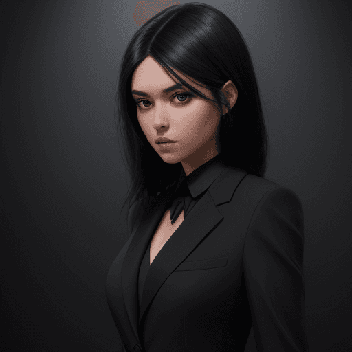 AI generated: A   girl  black hair and wearing a black suit, not realistic, detailed, studio lighting,
