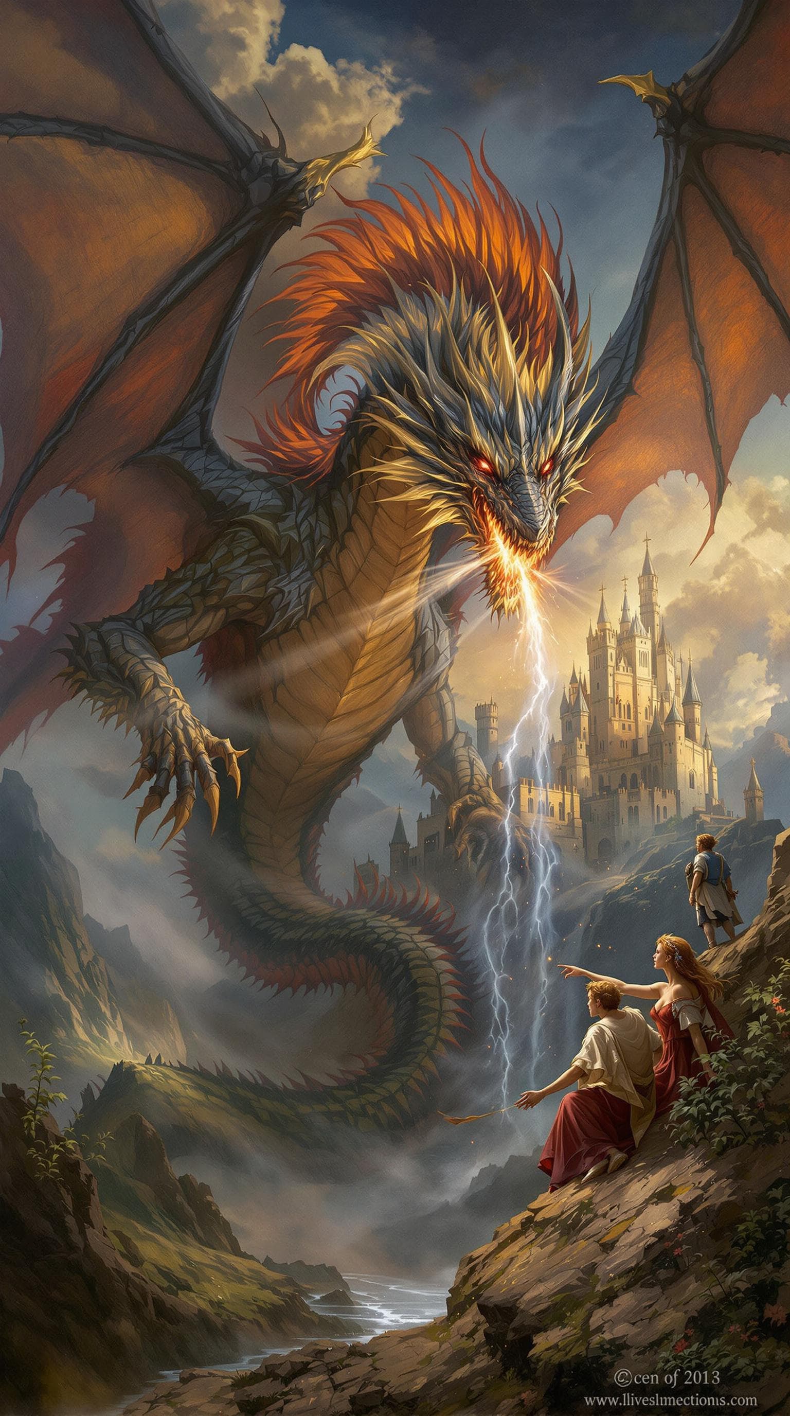 AI generated: an epic painting shows a dragon breathing to a castle 