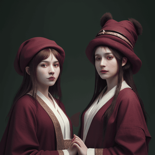 AI generated: a picture of two people, wearing cloth hats and robes, in the style of realistic animal portraits, u...
