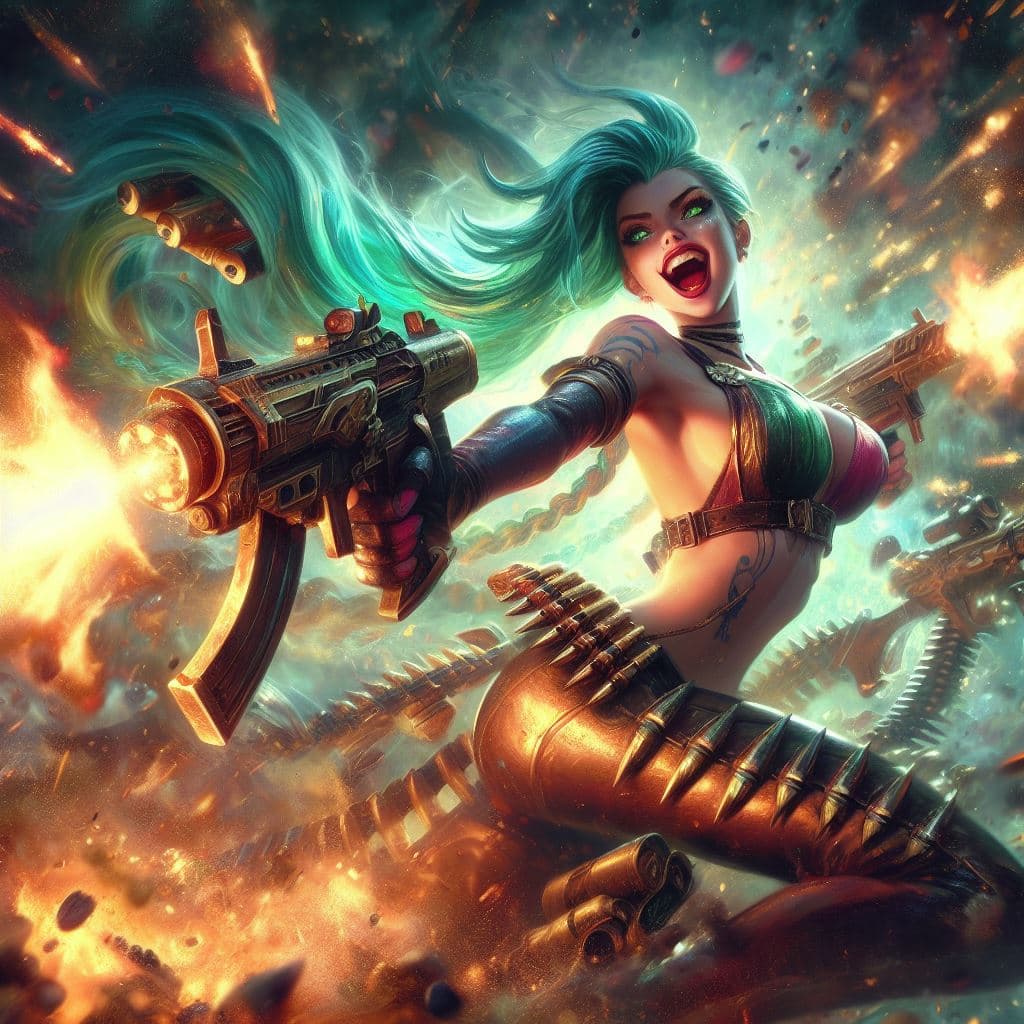 AI generated: painterly style, seductive female League of legends Jinx character fighting at war, raging, crazy sm...