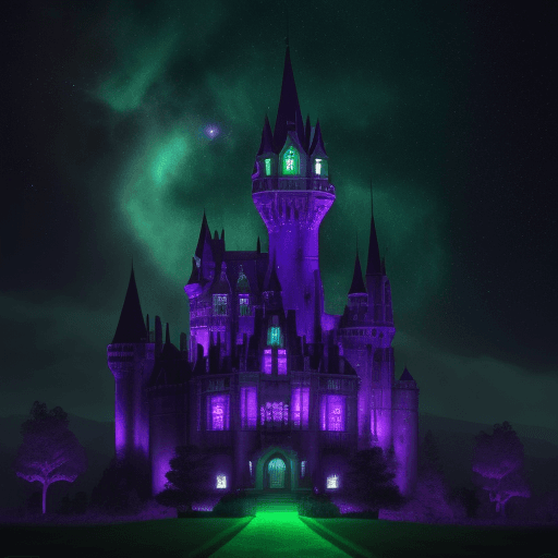AI generated: Haunted castle, emerald purple, starry green, colored nebula,8k