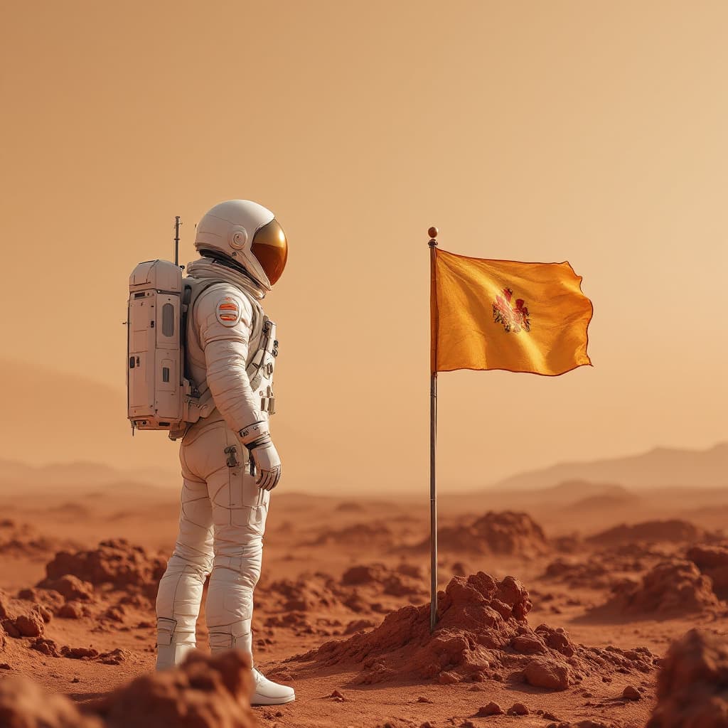 AI generated: A photorealistic depiction of an astronaut standing on a barren, rocky Martian landscape under a gol...