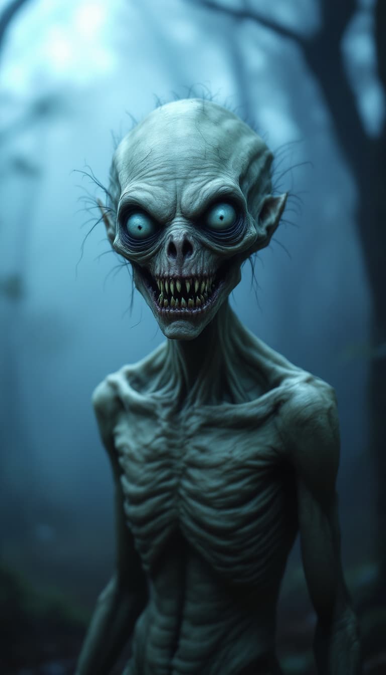 AI generated: Create a highly detailed, unprocessed, and realistic photograph of a grotesque, alien-like creature ...
