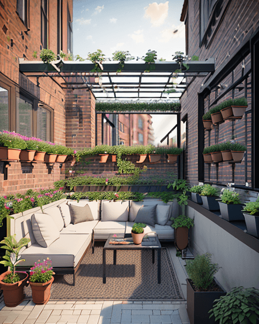 AI generated: SMALL GARDEN ON THE BALCONY OF A MODERN C-SHAPED APARTMENT WITH BRICK FINISH AND PERGOLA vertically ...