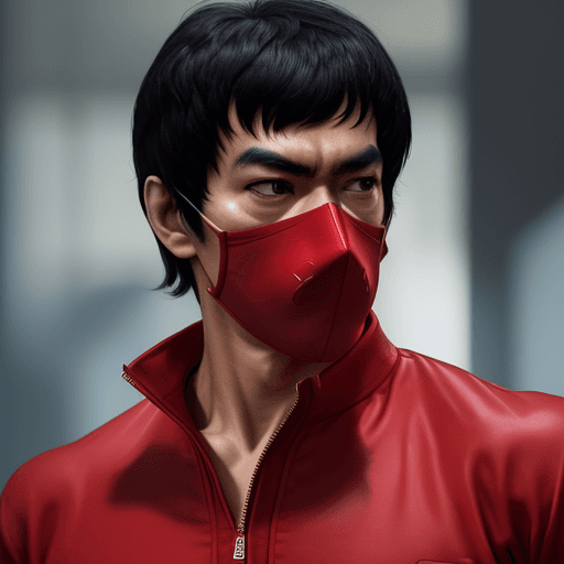 AI generated: Create an image of Bruce Lee dressed in the iconic red jumpsuit from "Money Heist." He should also b...