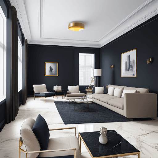 AI generated: high resolution photography interior design, basic living room, light brown marble floor, big window...