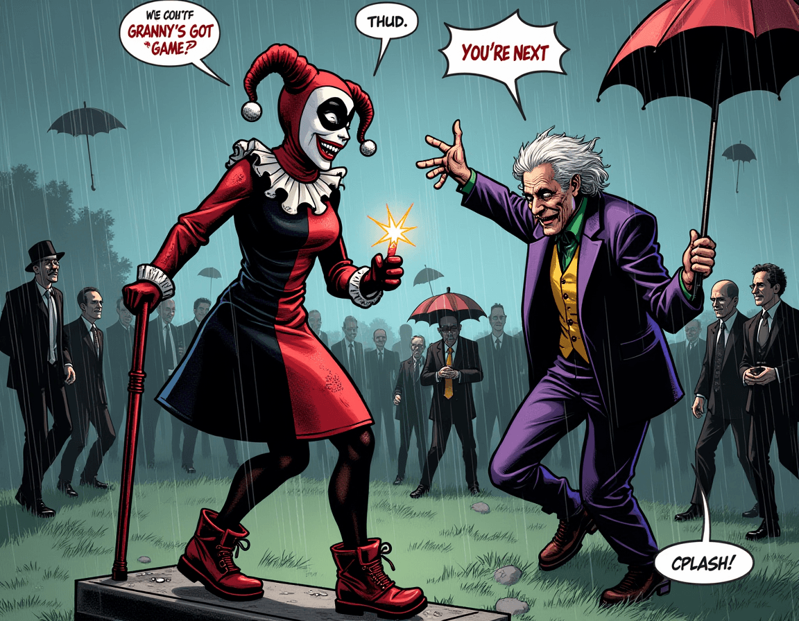 AI generated: A gritty, darkly comedic comic panel featuring elderly versions of Harley Quinn and the Joker crashi...