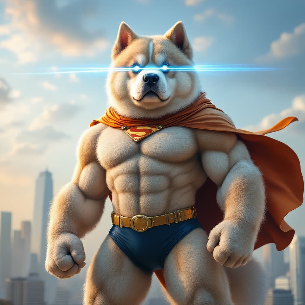 AI generated: A muscular and giant puppy with a human body, dressed in a superhero suit. The suit is colorful and ...