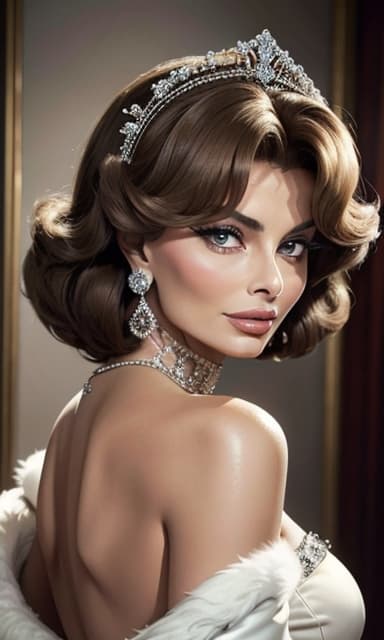 AI generated: A close-up portrait of classic Iconic Sophia Loren, most glamorous, wears a white mink coat by Frede...