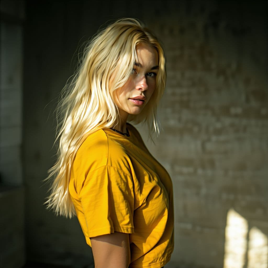 AI generated: (((bondage))), 
blond girl in a yellow shirt is posing, soft, atmospheric lighting --chaos 33 --ar 1...