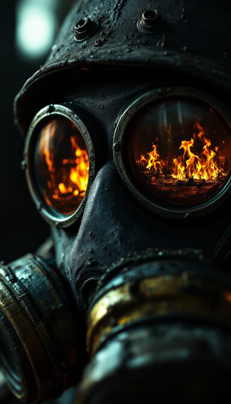 AI generated: A close-up shot of a Chernobyl liquidator's gas mask, filling the frame with gritty, realistic detai...