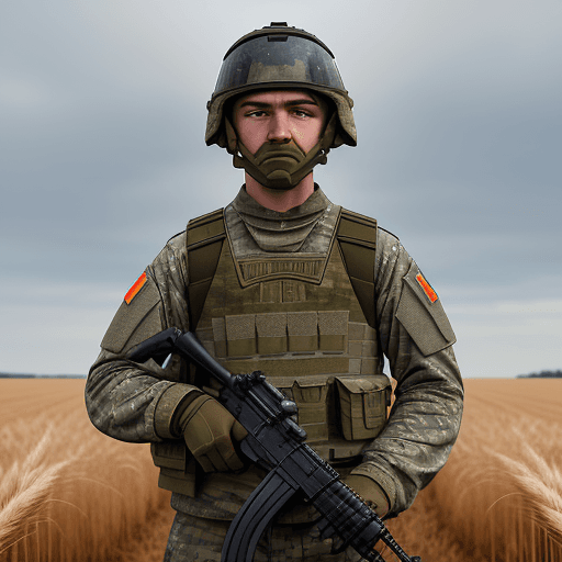 AI generated: Create a realistic image of a modern Ukrainian soldier standing in front of a blurred wheat field. T...